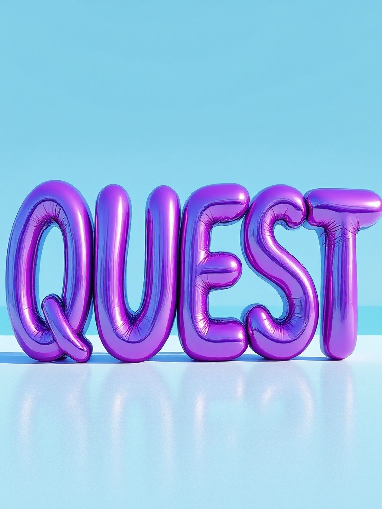 Colorful artwork featuring the word 'QUEST' in glossy purple. The letters are styled like a sculpture. Letters reflect light playfully with smooth surfaces. Background in light blue resembles the Caribbean sea. Focus is on the aesthetic of the bold letters.