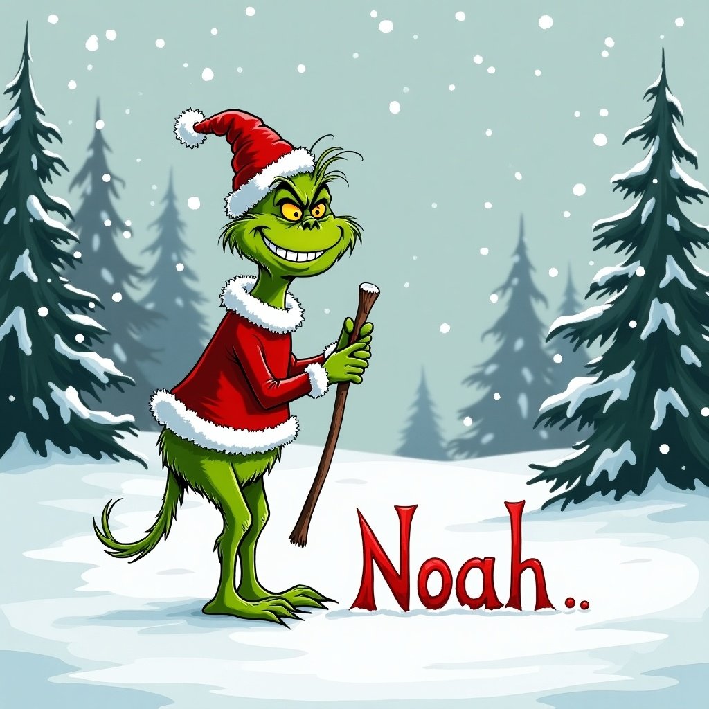 A cartoon character resembling The Grinch in a red Christmas outfit writing the name Noah in the snow. The character stands with a stick in a snowy landscape surrounded by evergreen trees.