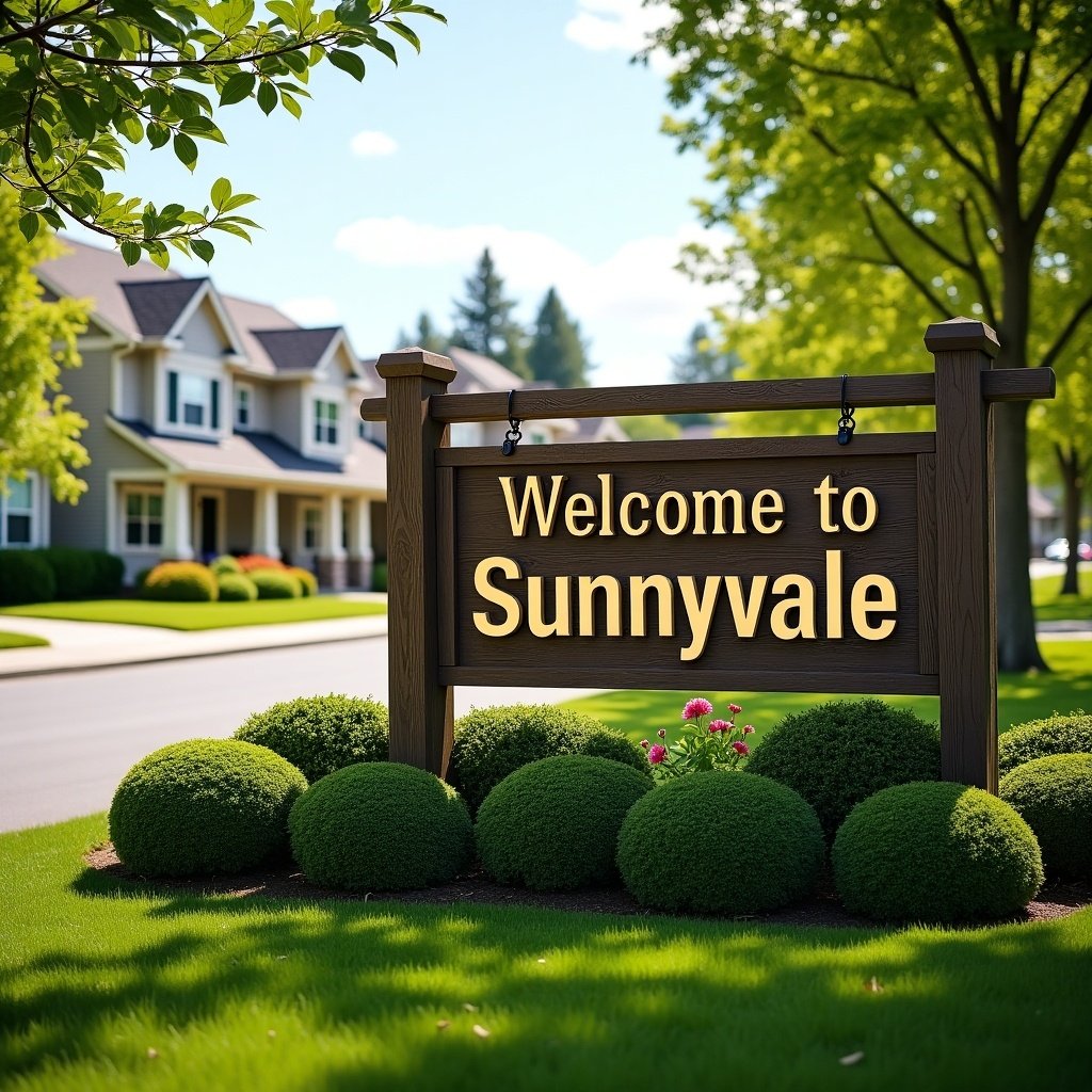 A suburb neighborhood sign that reads Welcome to Sunnyvale. Bright landscaping surrounds the sign. Clear blue sky overhead. Houses in the background.