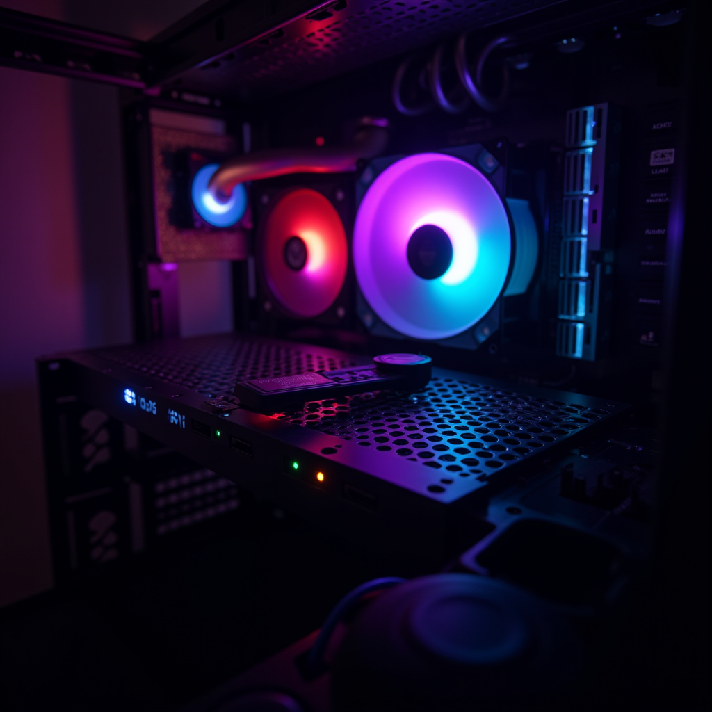 A vibrant display of illuminated computer internals featuring RGB fans.