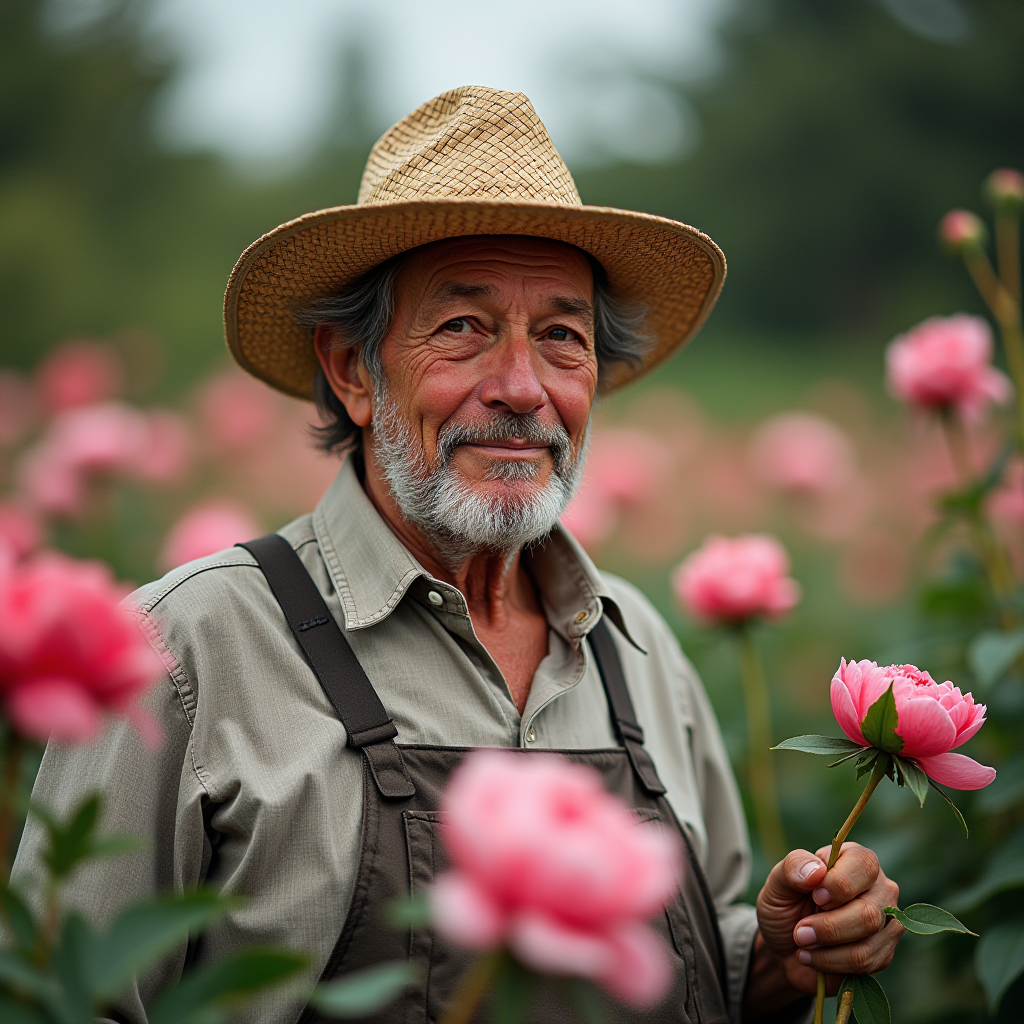 An elderly man in a straw hat smiles while holding a pink flower amidst a field of blooming flowers.