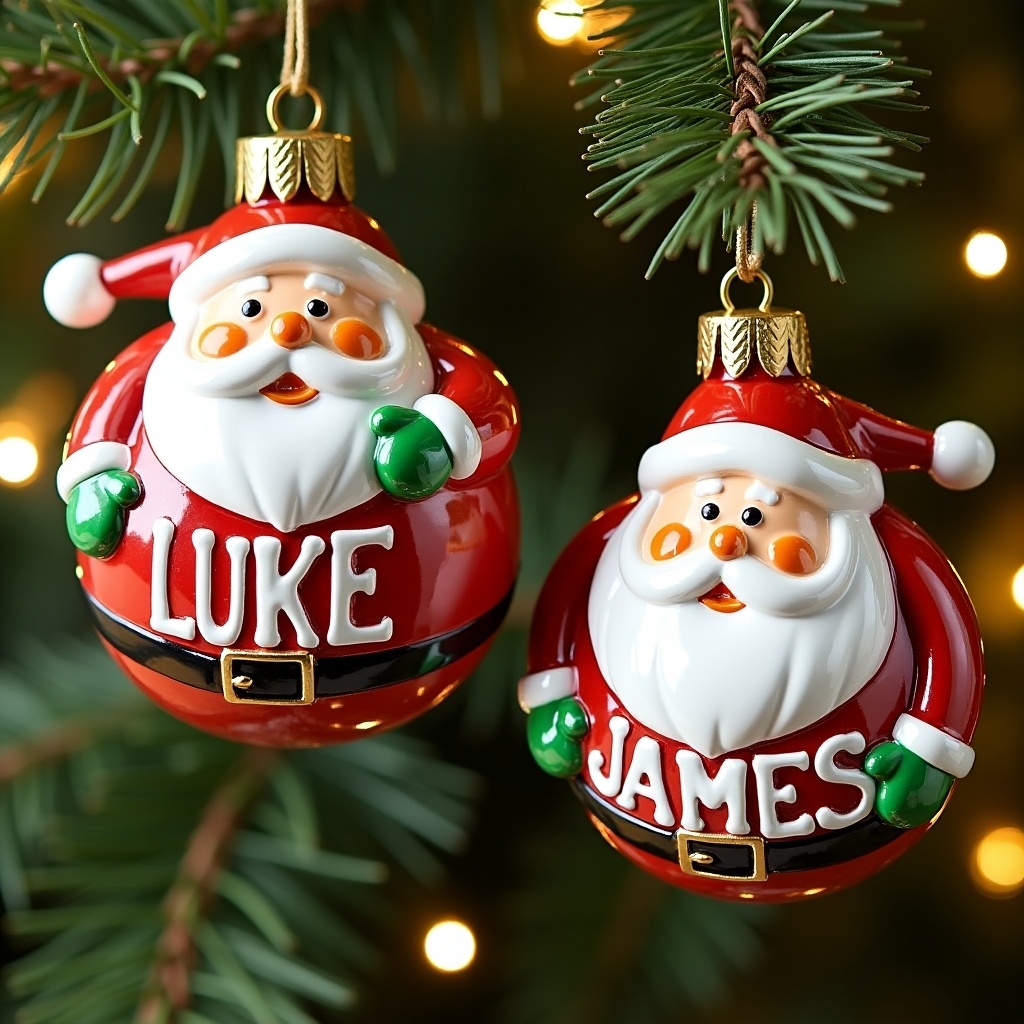 This image showcases two festive Christmas ornaments shaped like Santa Claus. Each bauble is adorned with the names 'Luke' and 'James' in bold letters. The ornaments are rich red and white, capturing the essence of holiday cheer. They are hanging from a pine tree, surrounded by warm golden lights. This setting creates a cozy and inviting atmosphere perfect for the holiday season.