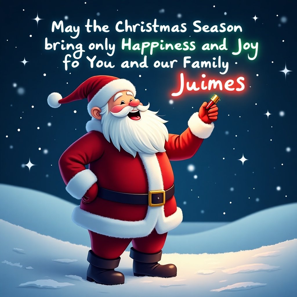 Festive Santa Claus in a snowy landscape. He wears a classic red and white outfit, smiling warmly. Santa writes a Christmas message in the night sky using a glowing pen. Twinkling stars and soft falling snow enhance the magical atmosphere. The scene radiates holiday spirit and warmth.