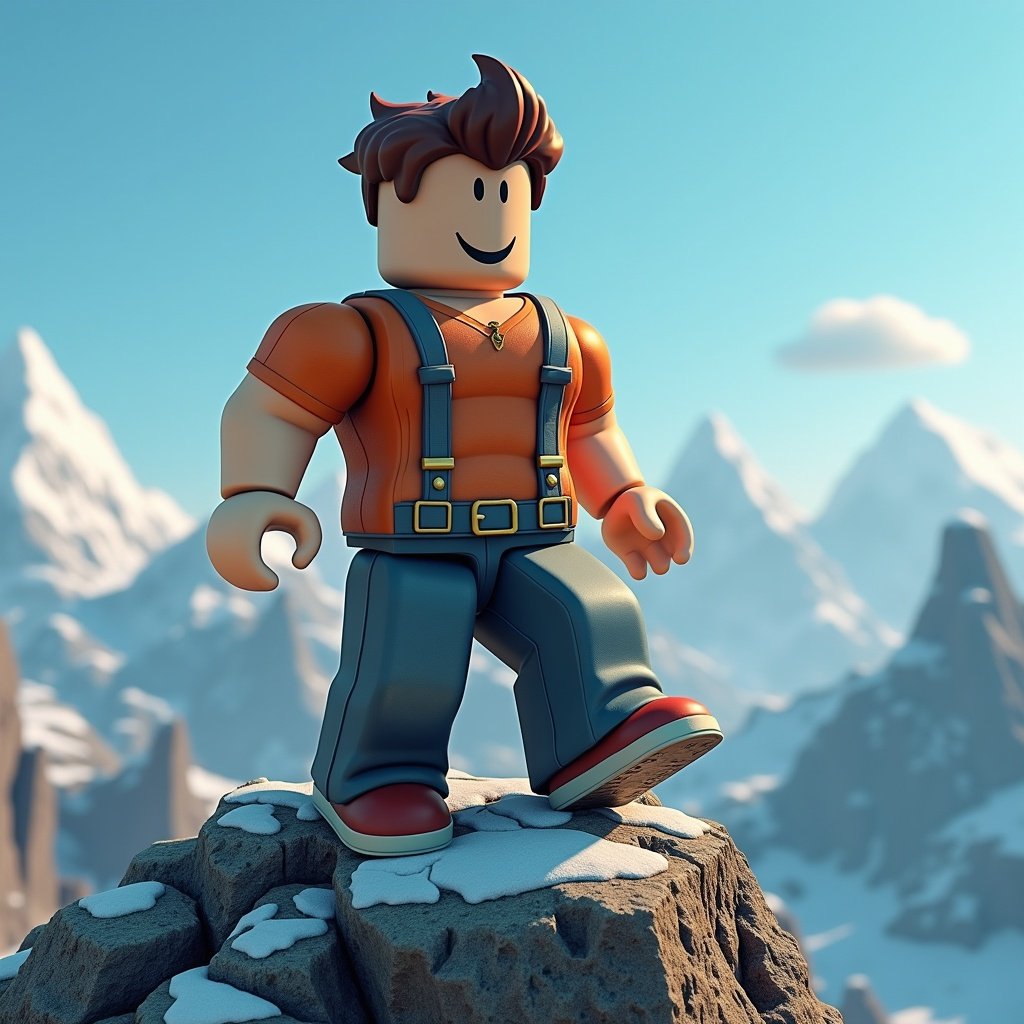 Roblox character made of plastic standing on a mountain peak. Character wears an orange shirt with suspenders and blue pants. Snow covers the rocky surface. Background shows a scenic mountain range and blue sky with clouds. Character looks happy and adventurous.