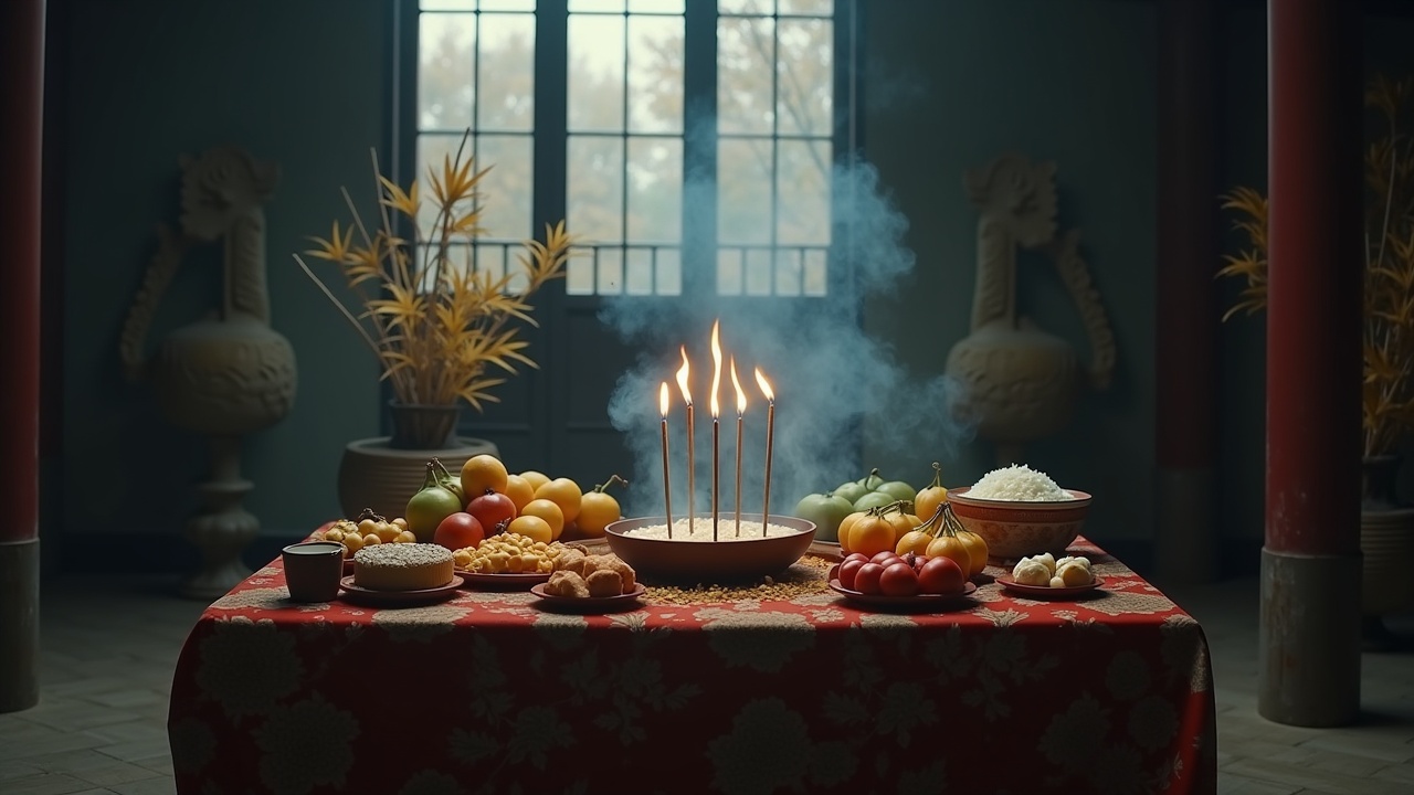 The image depicts a ceremonial table prepared for ancestor worship at the beginning of winter. A variety of offerings, including fruits, cakes, and a steaming bowl of rice, are arranged with care, demonstrating respect for ancestors. Three incense sticks burn slowly, sending wisps of smoke into the air, creating a serene and solemn ambiance. The backdrop features subtle outdoor hints of winter, such as withered yellow leaves, enhancing the overall solemnity. Dark tones dominate the scene, emphasizing the traditional and significant nature of the sacrifice while rich details add to the cinematic quality.