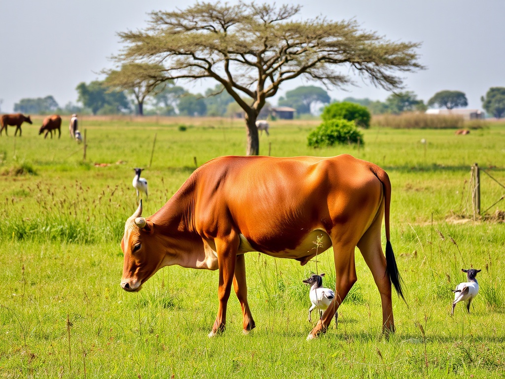 A cow grazes peacefully in a lush green field accompanied by curious goats.