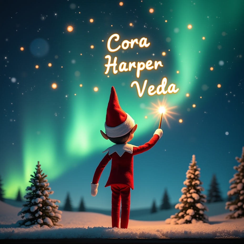 An enchanting Christmas scene featuring an elf on the shelf, who is facing the sky with his back to the viewer. The elf is dressed in red and white, wielding a magic wand. He's writing 'Cora', 'Harper', and 'Veda' in glowing script above him. Vibrant northern lights fill the backdrop, creating a magical ambiance. The scene is festive, capturing the spirit of Christmas with a whimsical twist. The action of the elf evokes a sense of wonder and excitement that embodies the joy of the holiday season.