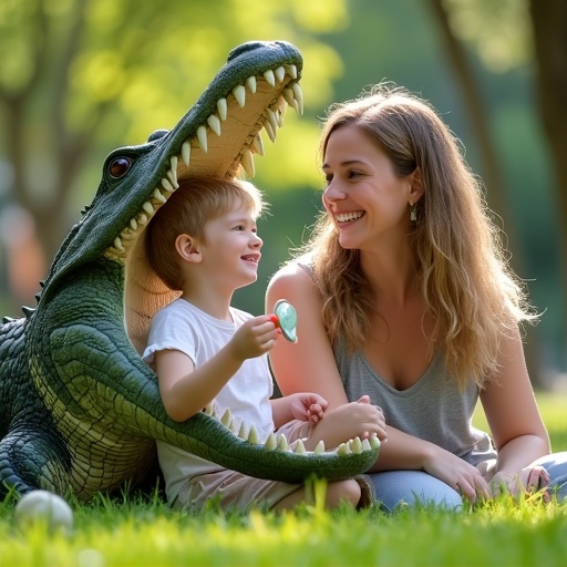 A playful mother interacts with her child in a fun way. The child fits into the mouth of a lifelike alligator. The child holds an oversized pacifier. Scene set in a vibrant outdoor park.