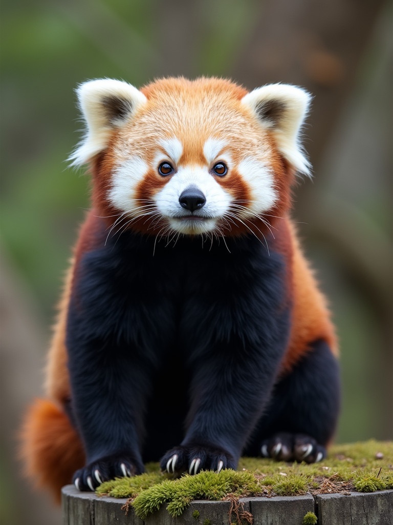 Charming red panda sits calmly on a moss-covered log. The panda has vibrant orange and black fur with a distinctive face. The background is blurred with greenery.