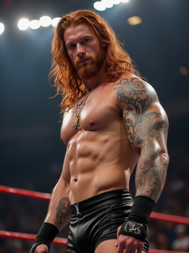 A man with long dark ginger brown hair stands confidently in a wrestling arena. Muscular build with visible tattoos on his right arm. He wears black shorts and exudes a powerful presence.