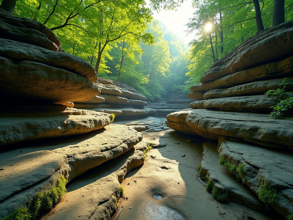 a serene natural landscape with layered rock formations surrounded by lush green forest, sunlight piercing through the trees casting light on a tranquil pathway