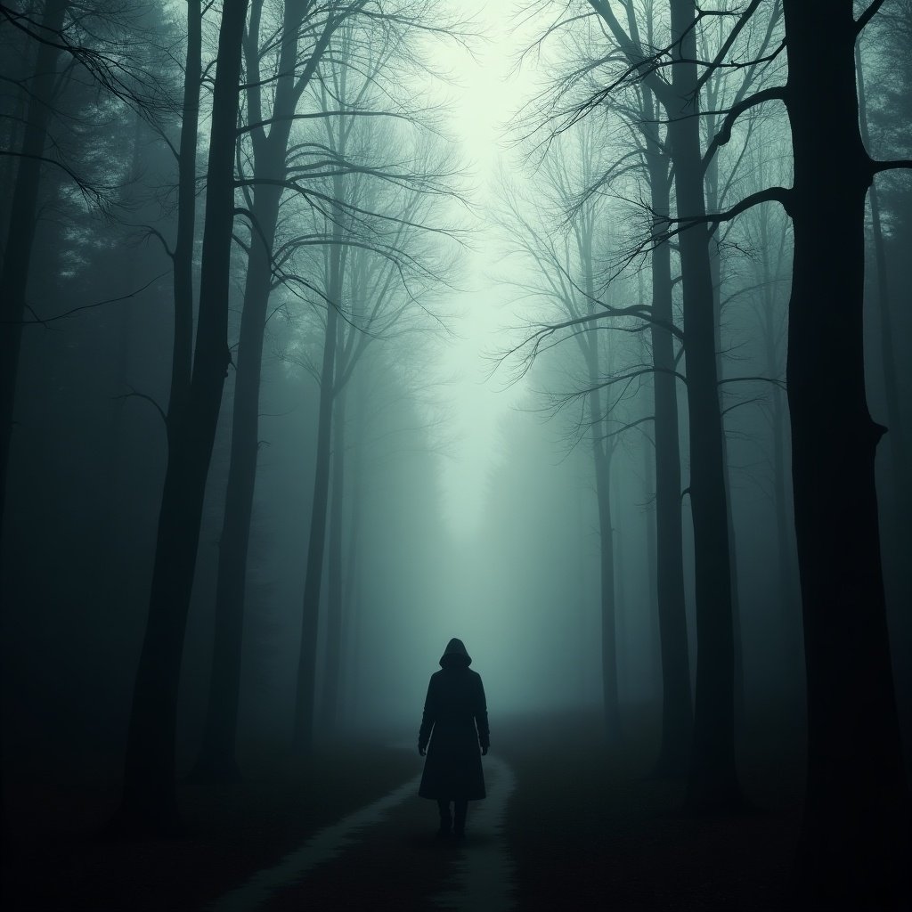 Solitary figure walks along a narrow path in a foggy forest. Towering bare trees loom on either side. Mist creates a dramatic and eerie atmosphere. Soft light filters through the fog. The scene evokes a sense of solitude and contemplation.