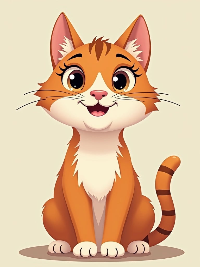 Front view of a cartoon cat with orange fur and a happy face. Cat has large expressive eyes. Cat sits upright. Tail is curled behind. Features white belly and face. Background is light beige.