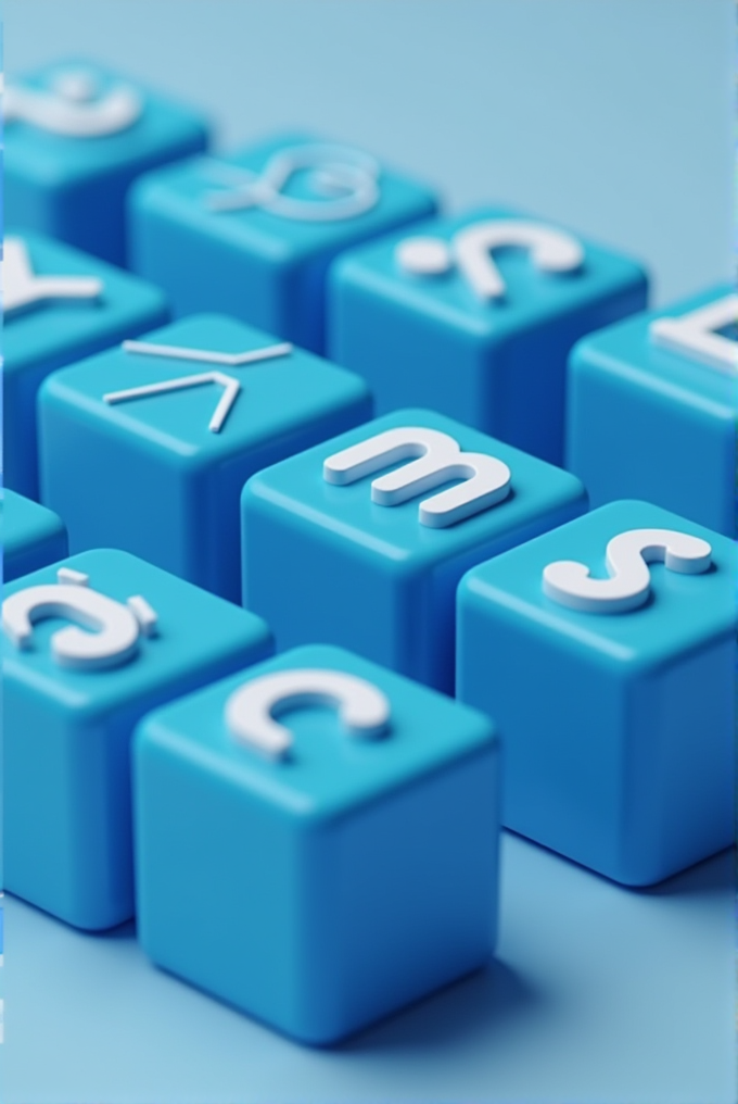 Blue blocks with white letters are arranged on a light blue surface.