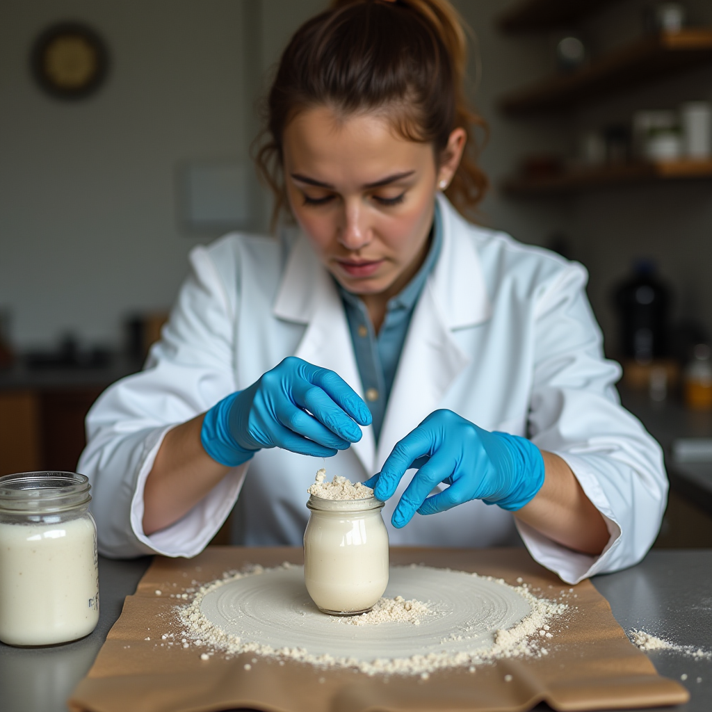 A scientist in a lab coat and gloves focuses on a mixture in a jar, surrounded by scattered powder.