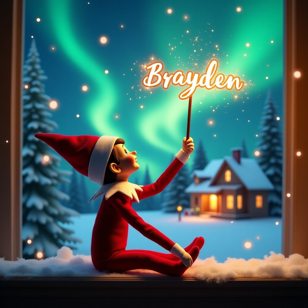 An elf on the shelf sits with back to viewer gazing skyward. It holds a glowing wand emitting sparkling light. Background showcases charming Christmas scene with colorful northern lights. In the distance, a cozy decorated house is seen. Snow covers ground, adding to winter atmosphere. The elf embodies spirit of magic and wonder associated with Christmas. The name Brayden is written in air with wand.