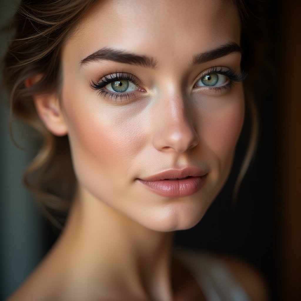 Portrait of a girl with long lashes and even skin. She has a poised expression and bright eyes. The focus is on her facial structure, showcasing beauty features in soft lighting.