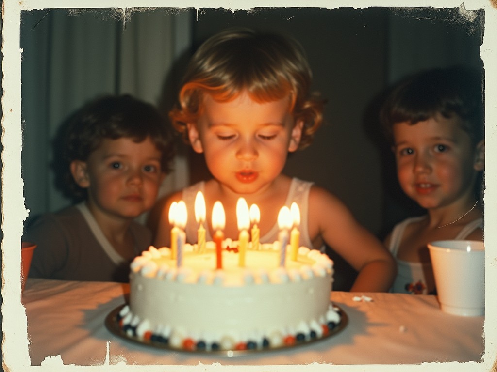 This image captures a nostalgic moment from a birthday party in the 1980s. A child is blowing out the candles on a beautifully decorated cake, surrounded by friends. The photograph has a soft, blurred quality, reminiscent of old Polaroid pictures. The colors are muted with warm tones, enhancing the feeling of warmth and joy. The details appear slightly damaged and scratched, adding to its vintage charm. Overall, it brings back memories of childhood celebrations and the innocence of youth.