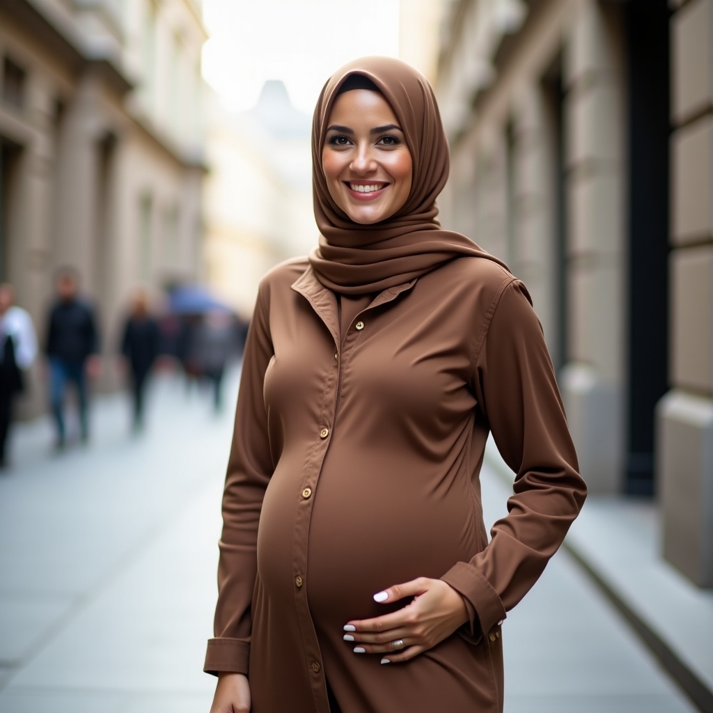 Stylish pregnant woman wearing brown hijab stands in urban setting. She smiles warmly and is dressed elegantly.