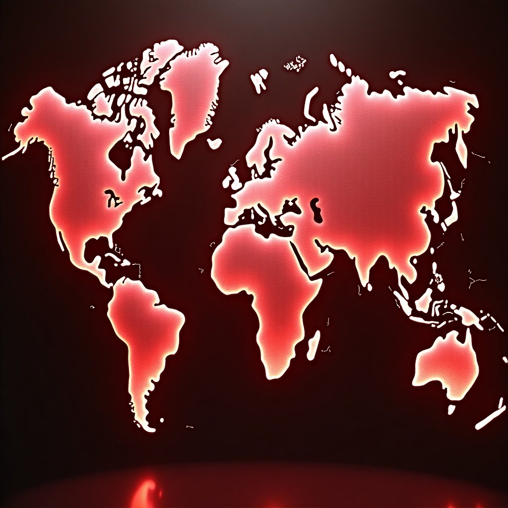 A world map depicted in red color. Outlines of continents visible. Background is black. Design is modern and flat.