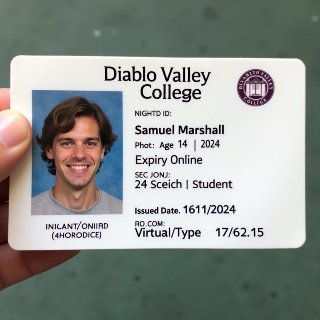 Image of a student ID card from Diablo Valley College. The card shows the name Samuel Marshall. It indicates the age of 24. The card includes a photograph of a student. The issued date is 16/11/2024 and expiry date is 17/6/2027. It states that the student is a section student with a virtual type enrollment. The logo of Diablo Valley College is displayed prominently on the card.