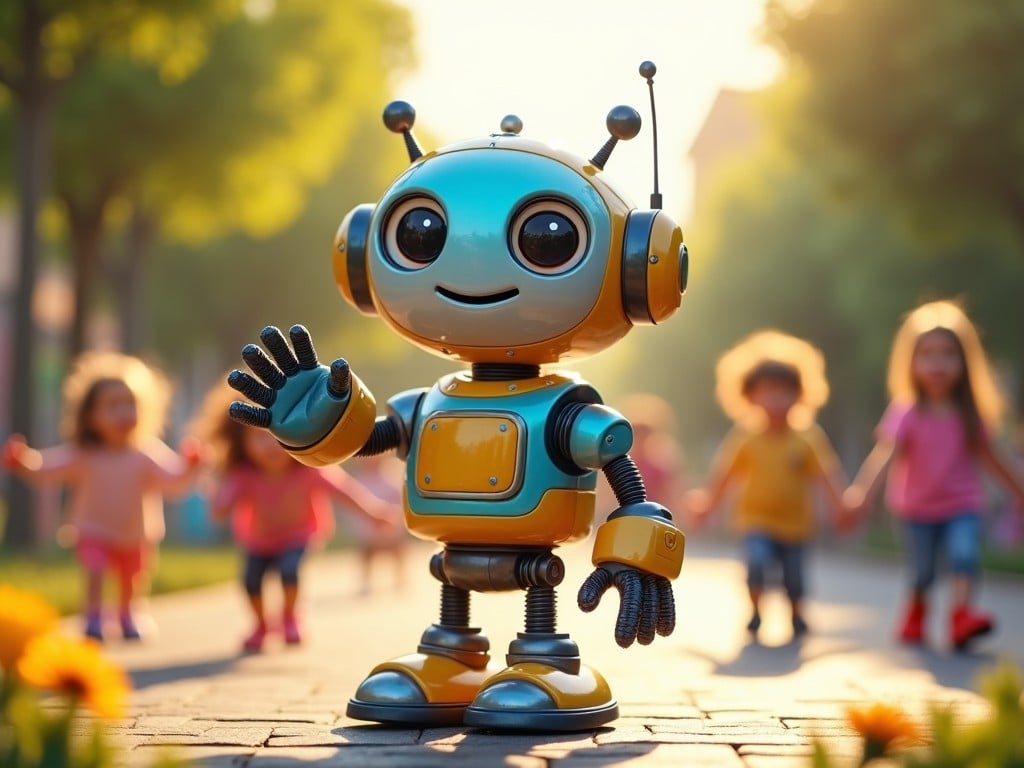 The image features a cheerful robot, with a shiny metallic body, waving at the viewer. It stands in a vibrant park setting where children are playing in the background. The robot has large, friendly eyes and a playful design, making it appealing for kids. The sunlight creates a warm glow, enhancing the joyful atmosphere. Flowers and greenery surround the scene, adding to the colorful environment.