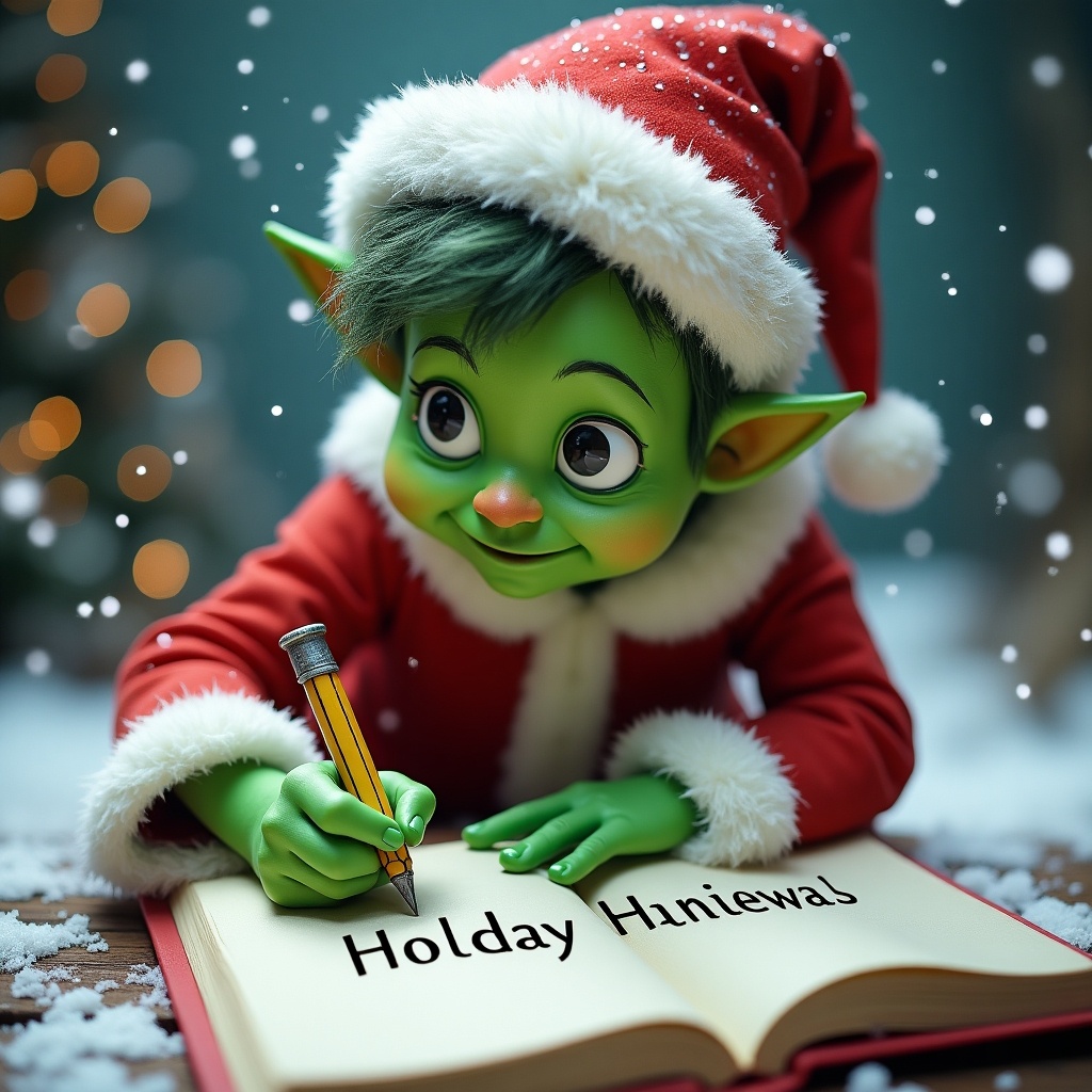 Character has bright green skin and playful expression. Dressed in red and white holiday outfit. Writing child's name in notebook. Snowy and festive setting evokes wonder and excitement.