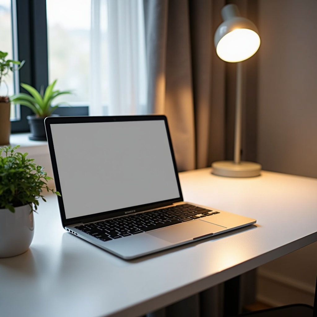 Image shows modern desk setup featuring open laptop on clean white table. Small potted plant on left adds greenery. Stylish lamp casts soft glow on desk. Background is softly blurred. Setup captures essence of comfortable work environment.