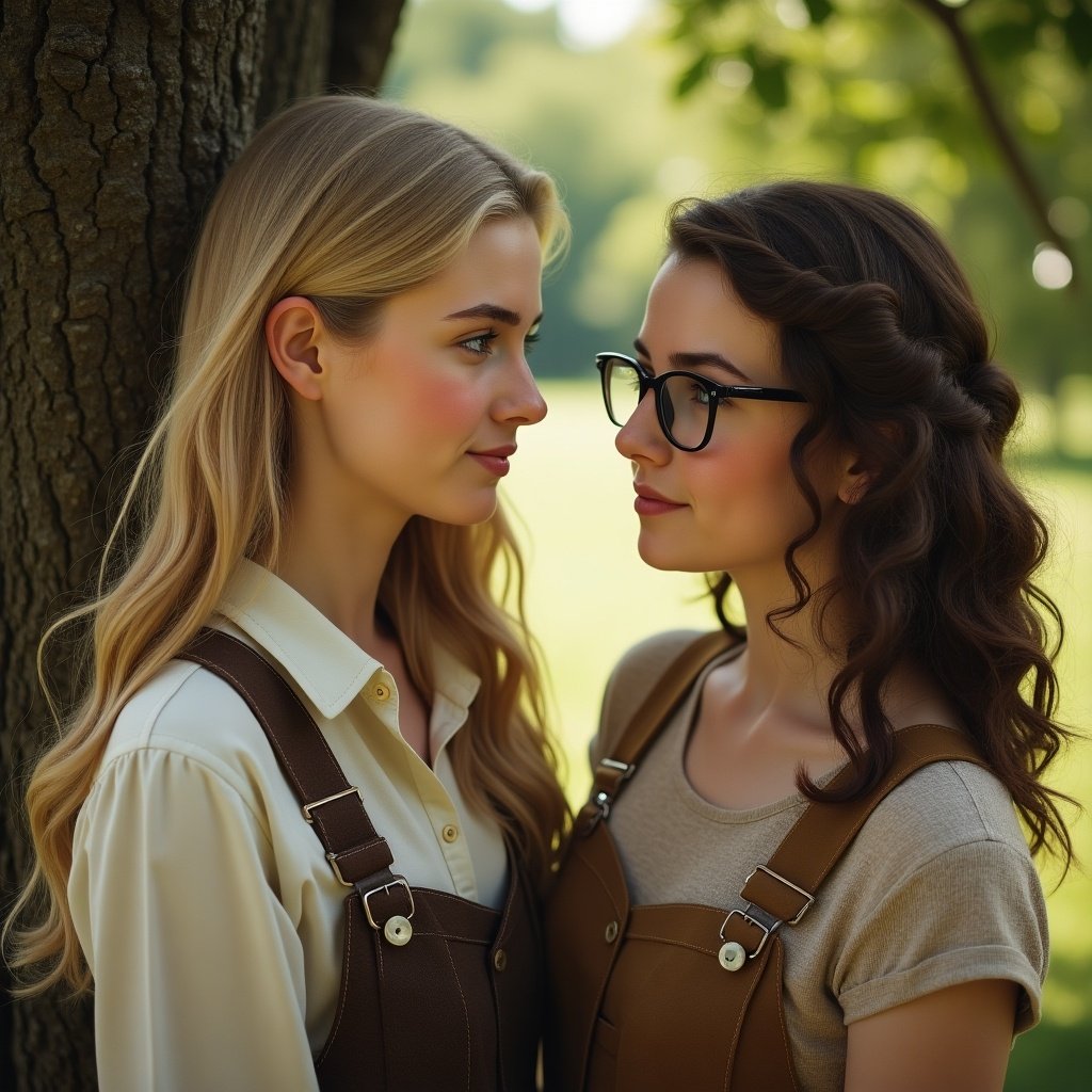 This image portrays two teenage girls standing beside a beech tree, engaged in a moment of friendship. One girl is taller with long blonde hair and blue eyes, while the other is slightly shorter, chubbier, with curly brown hair, glasses, and brown eyes. They wear outfits inspired by 1945 fashion, reflecting a vintage style. The background is filled with greenery, creating a serene atmosphere. The lighting adds a soft, warm feel to their interaction, emphasizing their youthful and joyful expressions.