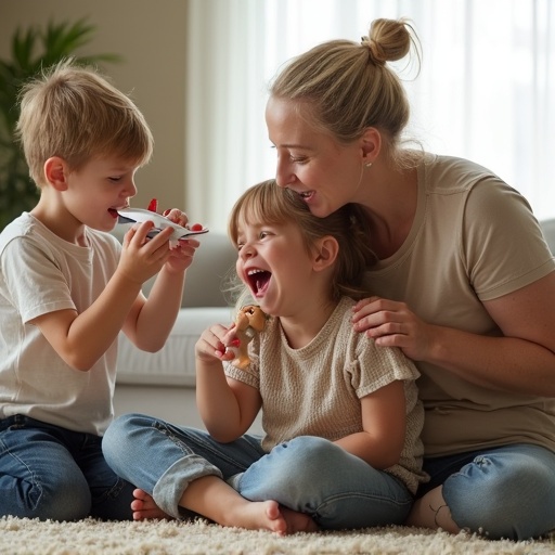 A 10 year old girl pretends to be a giant. The child sits with mouth wide open while mother playfully moves a toy plane towards child's mouth. Brother has a doll in his mouth.