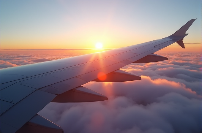 An airplane wing slices through vibrant sunset skies above a blanket of clouds.