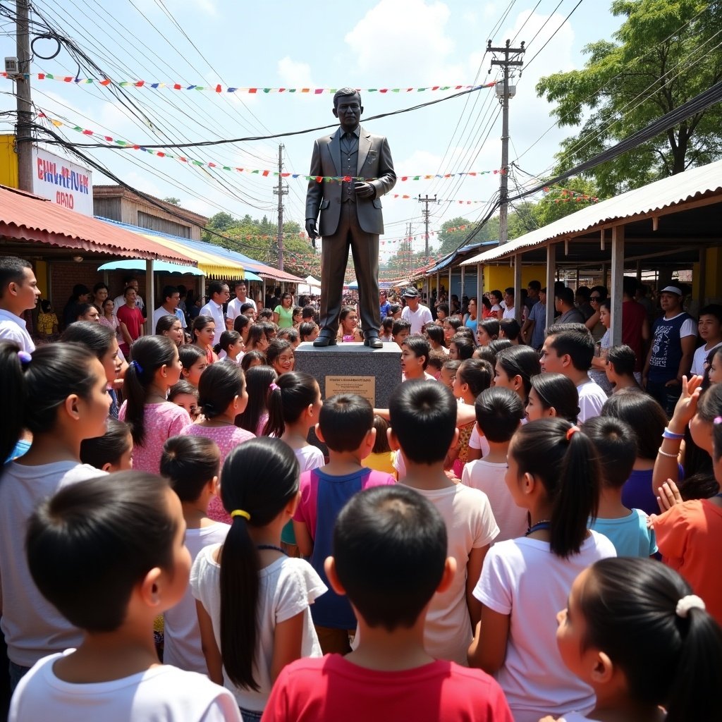 Statue of Mariano Ponce in Brgy. Tibag during a local holiday. Children gather around the statue for a celebration. The event highlights Mariano Ponce's contributions to local and national communities. A replica statue stands where the original once was, serving as a tribute to Ponce's memory.