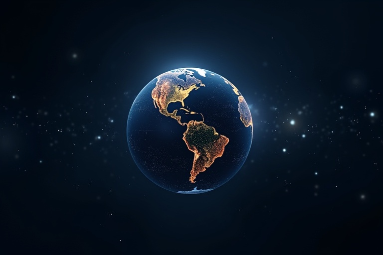 A glowing sphere represents Earth floating in a dark starry sky. Faint lines of dots connect across the sphere illustrating decentralized networks.