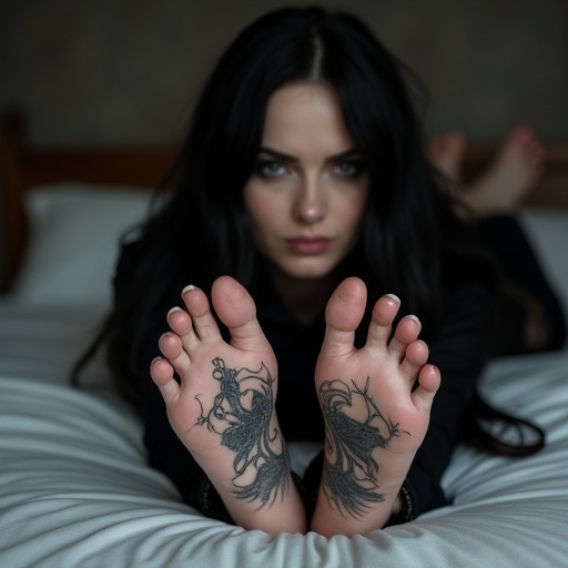 Image features mature goth woman with long black hair. She shows tattooed soles of bare feet. She wears goth clothes. She lies on the bed, seemingly relaxed.