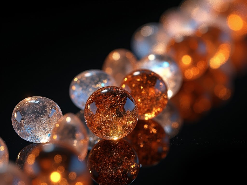 This image features a close-up view of shiny discs arranged on a black background, showcasing their polished surfaces. The discs have a prismatic quality, reflecting light in beautiful hues of orange and bronze. The arrangement includes elements that resemble teardrops, adding an artistic touch to the composition. Some discs depict the texture of ice crystals, enhancing the visual interest. The image exudes a sense of elegance and craftsmanship, inviting viewers to appreciate its intricate details.