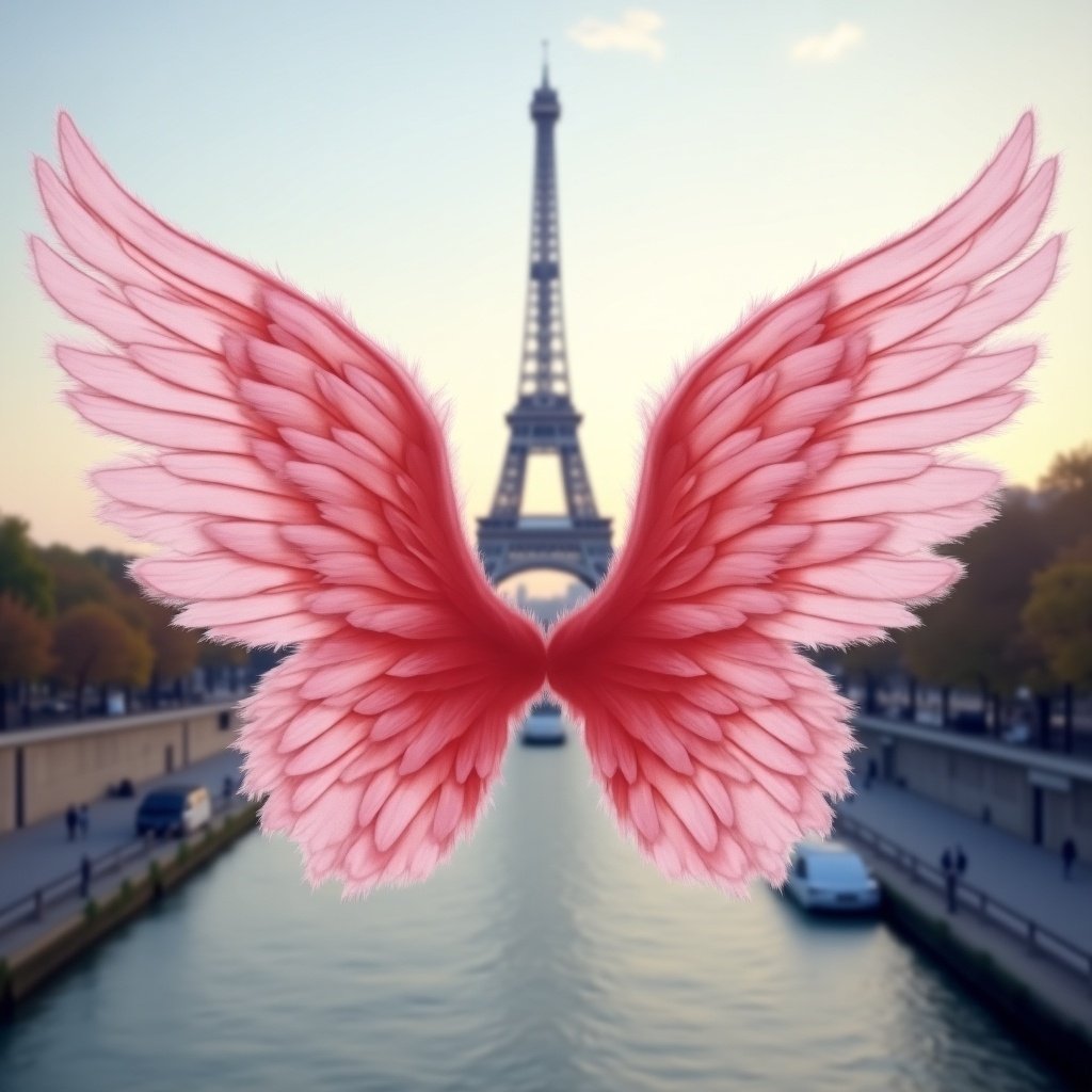 Image features pink angel wings in front of the Eiffel Tower in Paris. The wings are large and feathered. The background has a serene canal with trees and buildings.