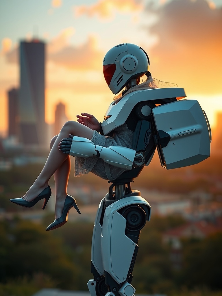 In this compelling image, a futuristic robot is seen carrying a woman against a cityscape backdrop. The sunset enhances the scene with warm tones, contrasting with the robot's sleek, metallic design. The combination of technology and human elements creates a harmonious blend of science fiction and reality, inviting contemplation on the relationship between humans and machines.