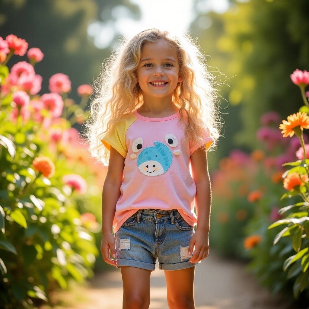 The image features a girl with long blonde hair wearing a pink t-shirt and shorts. She stands confidently amidst flowers, creating a relaxed atmosphere. Soft lighting enhances the warmth of the scene, capturing childhood moments.