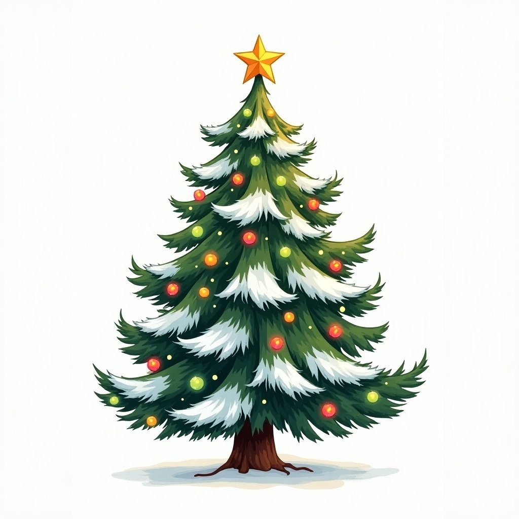 Illustration of a Christmas tree. Tree is green with snow accents. Tree is adorned with colorful ornaments. Top of the tree has a golden star.