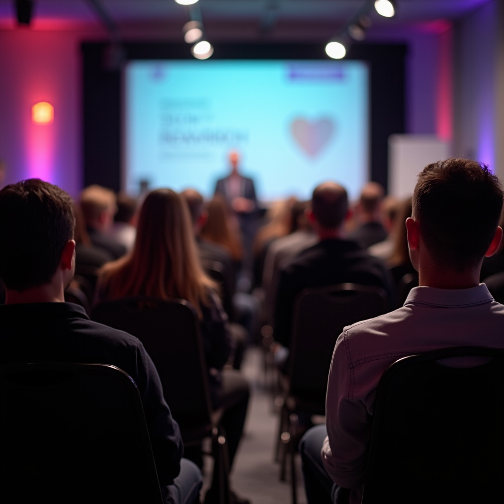 This image captures an audience seated in a conference room, viewed from behind. The people are focused on a presentation being given at the front. Soft lighting enhances the atmosphere, creating a professional setting. The screen displays content relevant to the presentation, featuring a heart symbol, suggesting a theme of care or connection. Attendees are engaged, demonstrating the importance of effective public speaking and communication in professional environments.