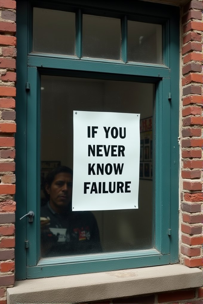 A thoughtful person is reflected in a window displaying the motivational poster: 'If you never know failure.'