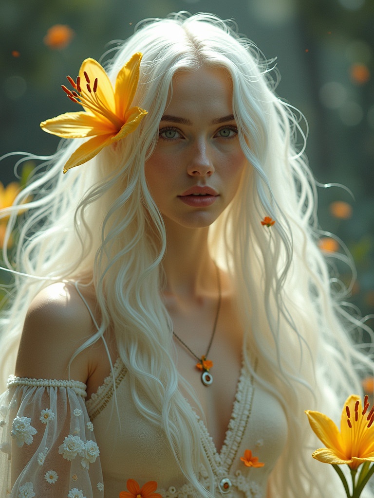 Mystical woman with long white hair adorned with golden lily flowers. Delicate fabric has floral patterns. Surrounded by soft magical light. Evokes enchantment and wonder.