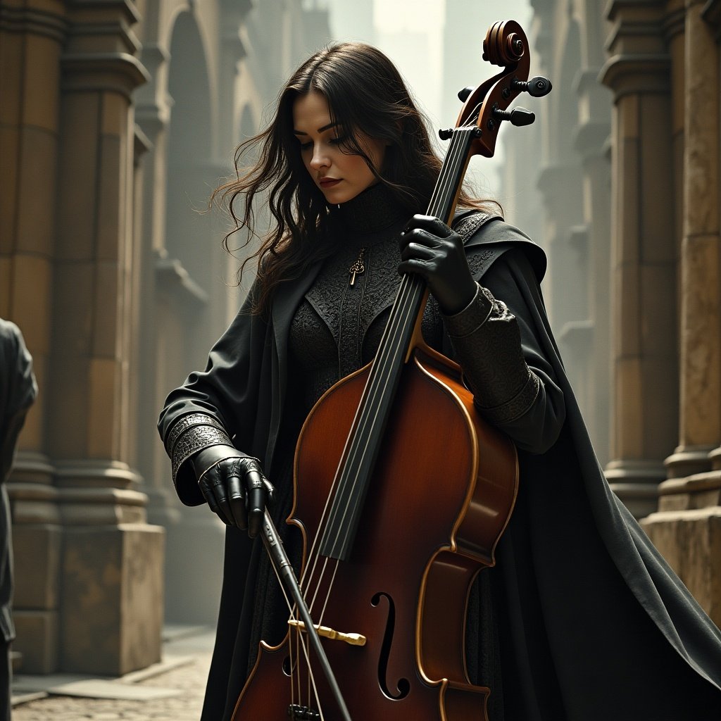 A woman plays the cello in a mysterious urban setting. She wears a dark, elegant costume. The background features arches and columns. A moody and dramatic atmosphere is present.