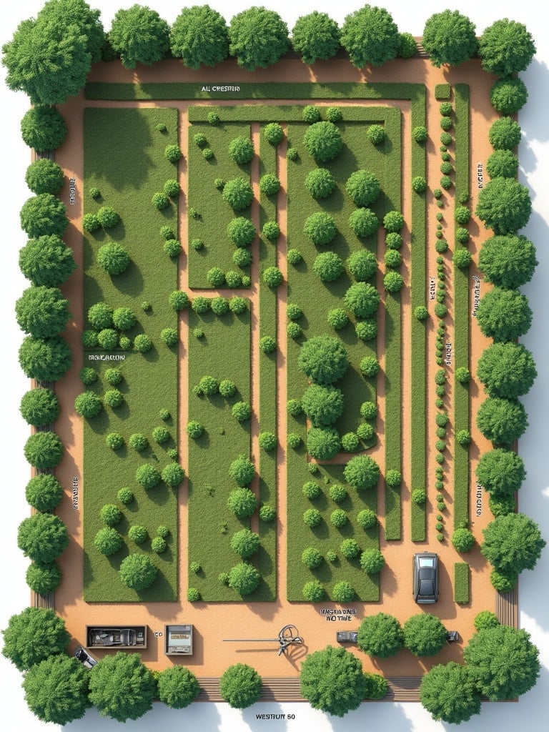 Detailed plantation layout plan for 2500 moringa trees on 1 acre. Designed in grid pattern. Rows spaced 5 feet apart. Trees 2 feet apart. Irrigation pathways every 50 feet. Composting and tool storage zone. Pathways for maintenance access. Clean professional design in green and brown. Top-down aerial view with labels for distances and dimensions.