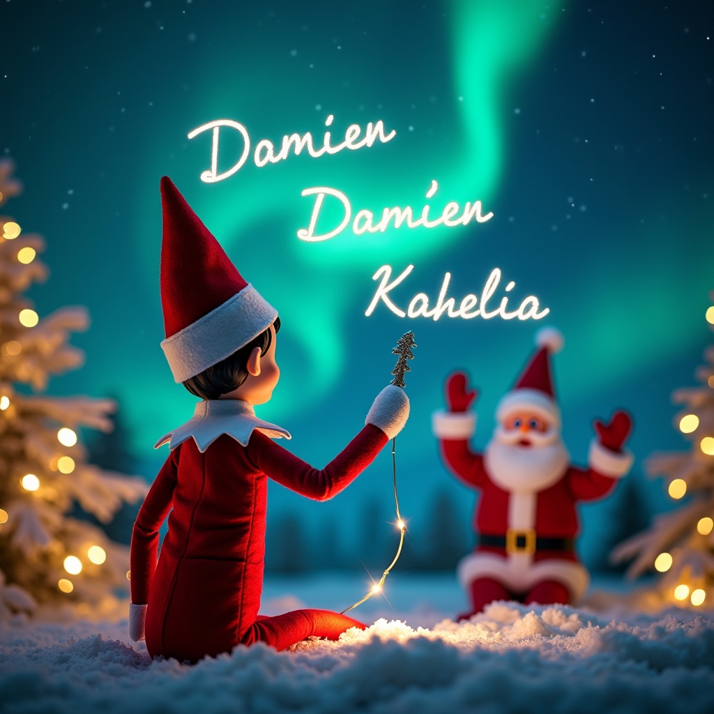 A scene shows an Elf on the Shelf facing a breathtaking night sky. The elf uses a magic wand to write names in the air. Santa Claus waves in the background. The scene is decorated with Christmas lights and trees. It evokes a festive spirit full of joy.