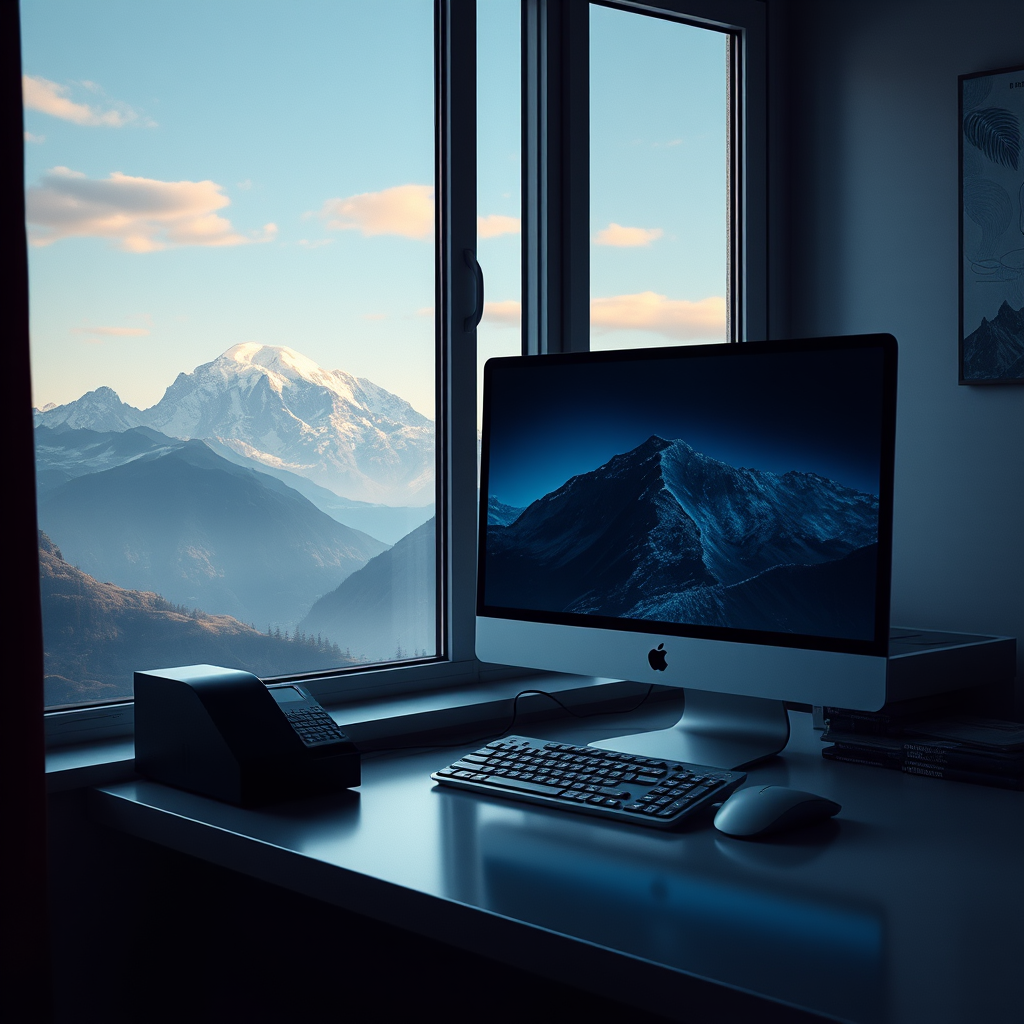 A desk with a computer overlooks stunning snow-capped mountains through a window.