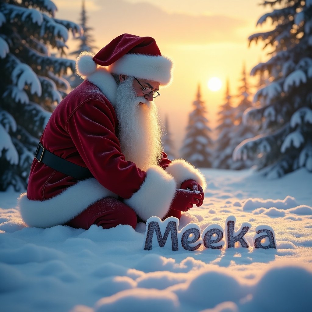 A realistic Santa Claus is kneeling in the snow. He writes the name Meeka on the ground. Surrounding him are snow-covered trees. The sky is filled with warm sunset colors.