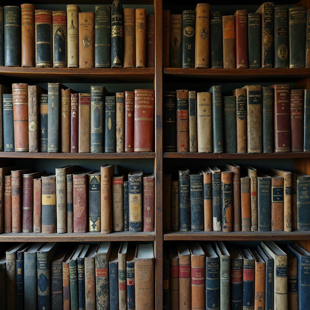 A wooden bookshelf filled with an assortment of vintage and well-worn books, showcasing a range of muted colors and embossed spines.