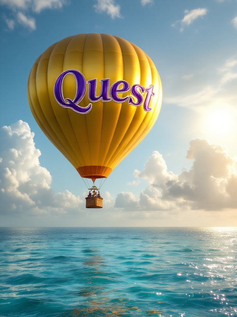 Vibrant hot air balloon floats over clear turquoise waters. Balloon is gold with purple word 'Quest'. Sun shines in clear blue sky with soft clouds. Scene is serene and sparkling.