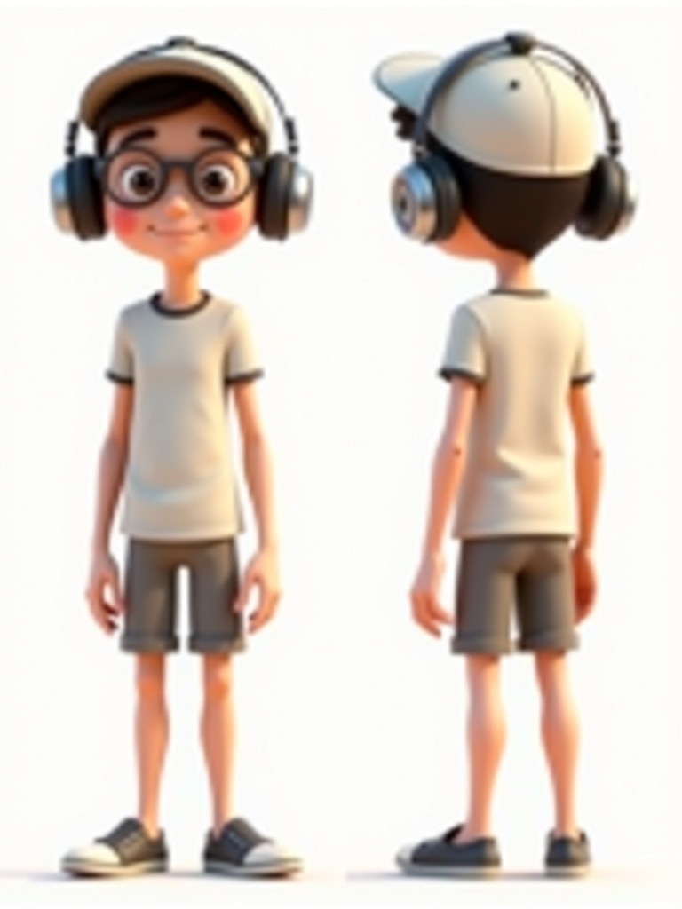 3D animated character shown in three views. Character is tall and thin. Wears oversized headphones and cap. Dressed in simple t-shirt and shorts. Features playful and friendly demeanor. Suitable for youthful audience. Bright lighting highlights outfit and accessories. Neutral tones give modern look.